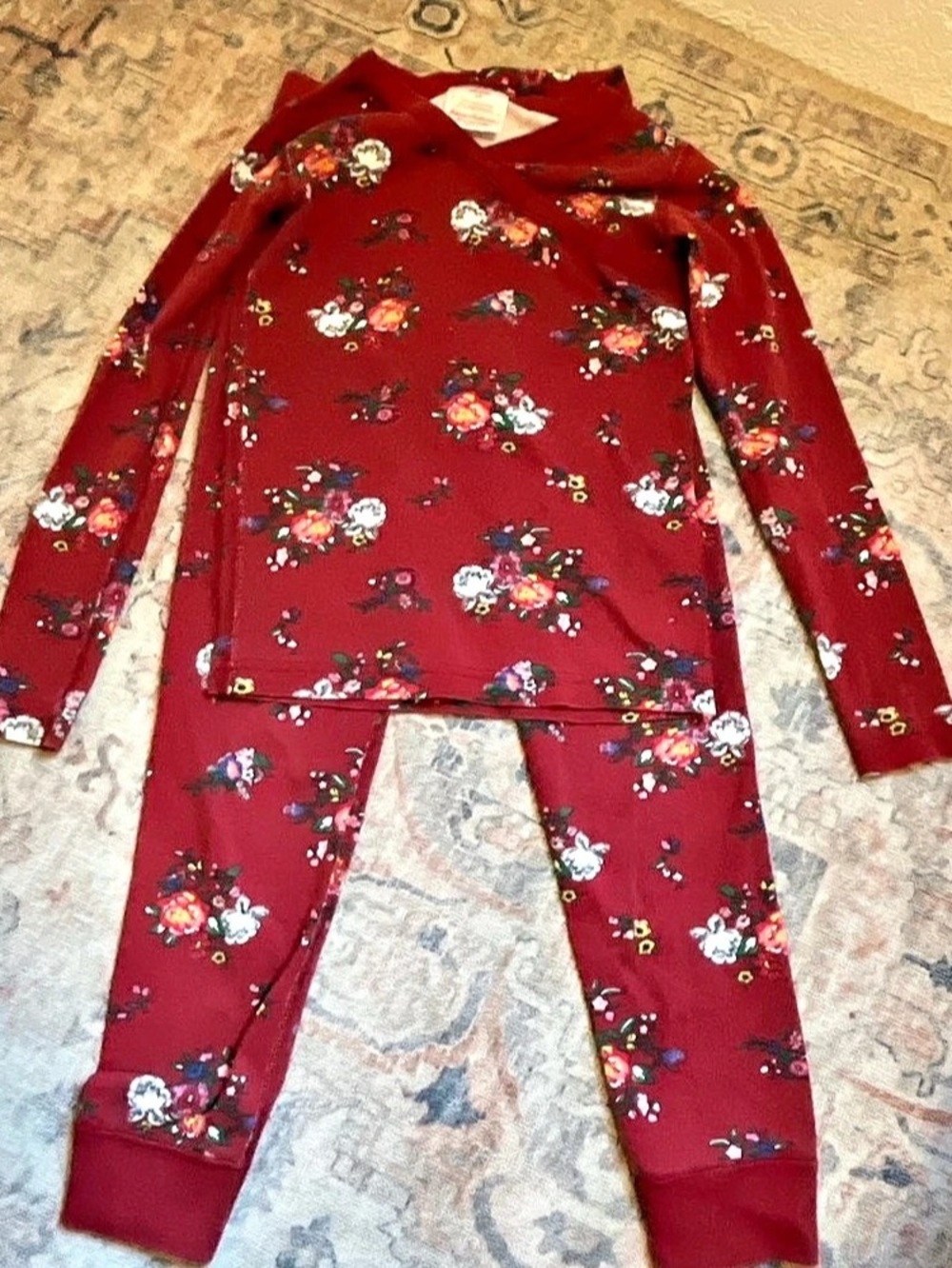 Hanna Andersson Long John Pajama Set in Organic Cotton Floral Red Girls Size 8